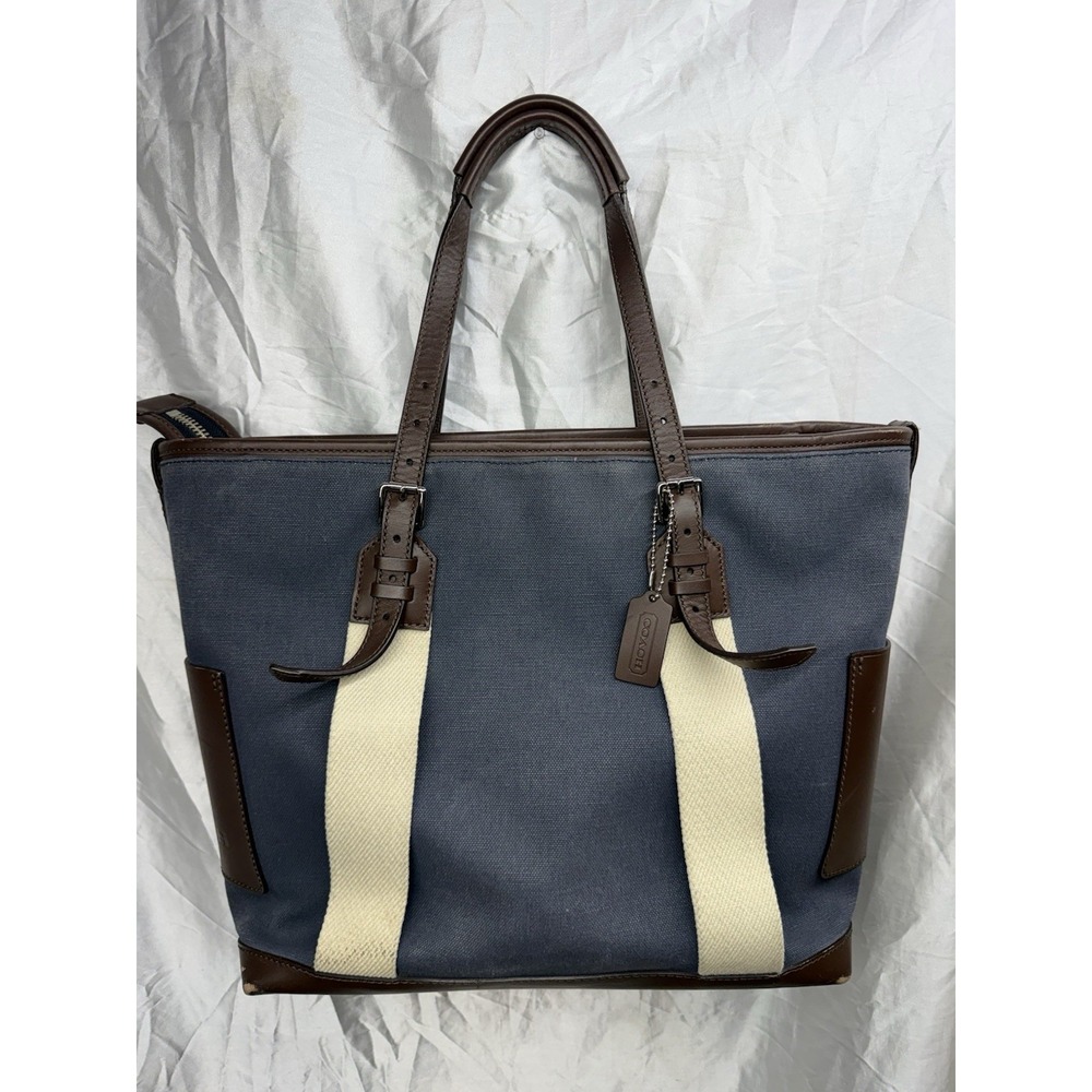 Vintage COACH Tote Bag Blue Denim Leather Large